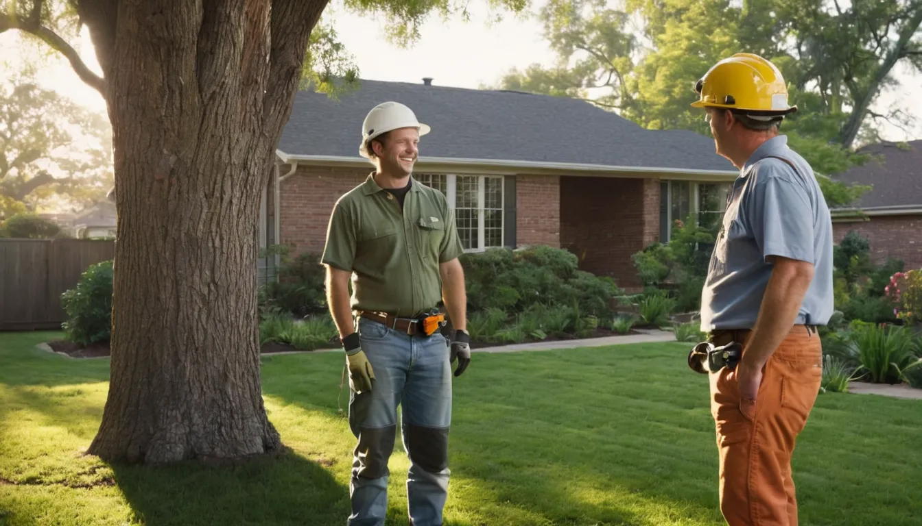 A tree provider inspecting a large backyard tree beside a Caledonia home