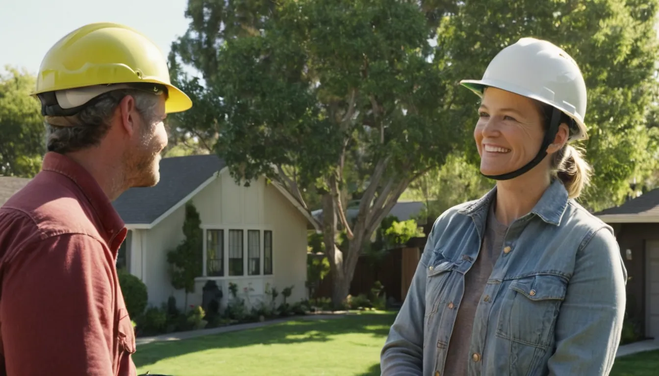 A friendly tree removal provider talking with a homeowner beside a large backyard tree in Caledonia